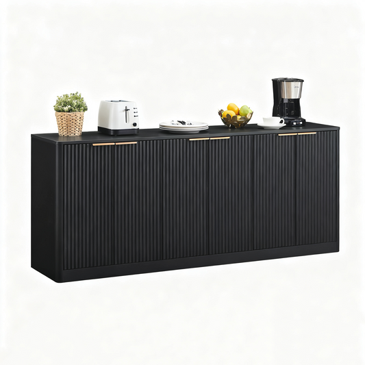 67-inch modern wavy sideboard, curved contour design storage cabinet, 6-door cabinet with storage function, suitable for kitchen / bedroom / living room, Black, 67.0'L x 15.7'W x 27.7'H