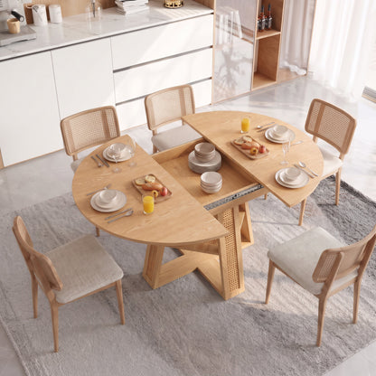 43.3'-59.05' Extendable Round Dining Table for 4-6, Round-to-Oval Kitchen Table with Removable Extension Leaf, Cross-Shaped Base and Storage Shelf, Natural