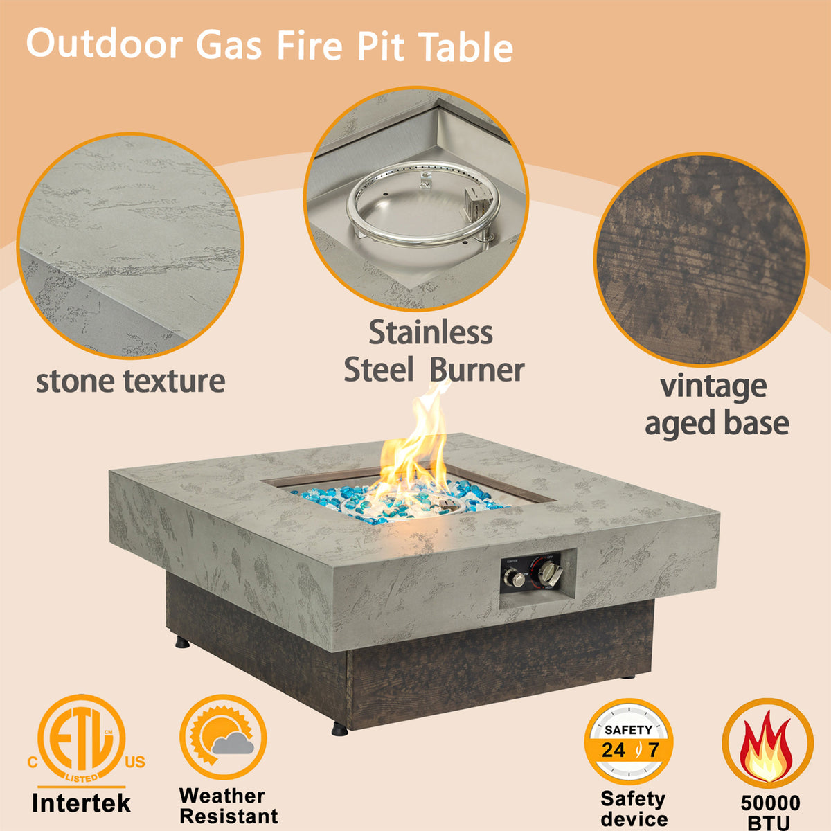 34‑Inch Square Propane Fire Pit Table, Modern 2‑in‑1 Outdoor Fire Pit Table with 3‑Position Adjustable Height for Patio Backyard Leisure