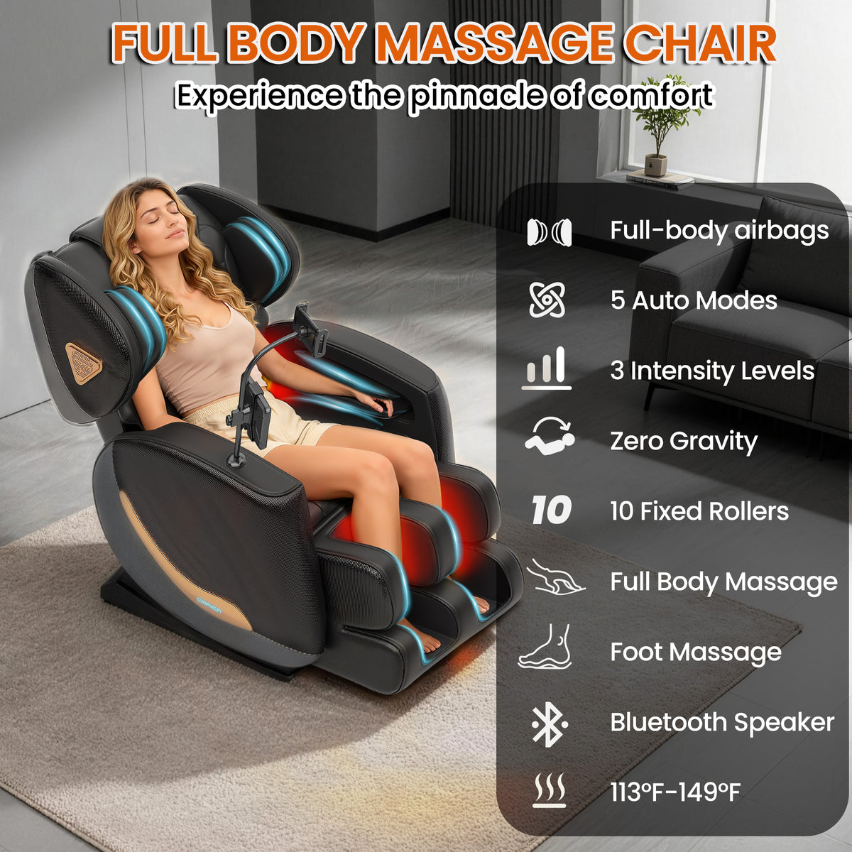 Massage Chair Full Body and Recliner, Zero Gravity Massage Chairs, 10 Fix Rollers, Airbags, Heating, Foot Massage, Auto Modes, Bluetooth Speaker and Touch Control Screen for Home and Office