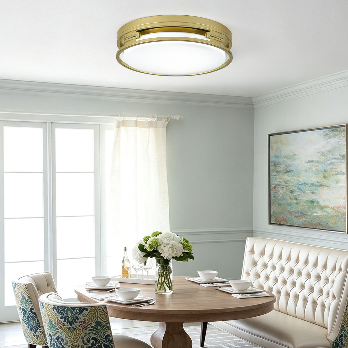 14.57" LED Flush Mount Ceiling Light, 22W 5CCT Selectable, Gold Metal Frame, Acrylic Shade, RA>80