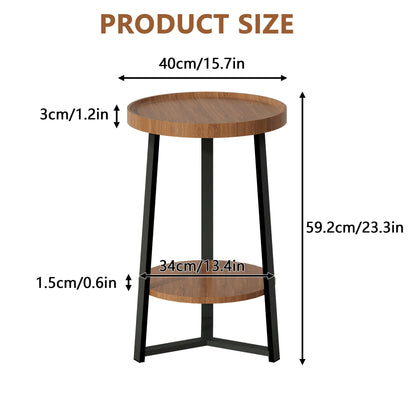 End Table with Storage, 2-Tier Small Round Side Table, Farmhouse Accent Table & Nightstand for Living Room, Bedroom & Small Spaces, Wood Top, Black Metal Frame, Brown