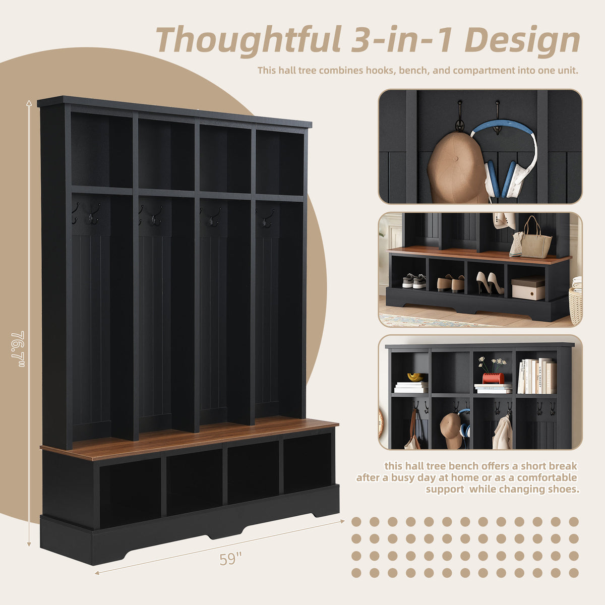 Farmhouse Hall Tree with 8 Hooks, Practical Entryway Bench with Open Compartments, 76.7'H Modern 3-in-1 Wooden Style Coat and Shoe Rack for Mudroom, Living Room, Black