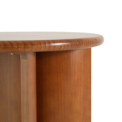 Walnut Finish Pine Wood Round Side Table with Unique Fan-Shaped Legs, Mid-Century Modern Accent End Table for Living Room