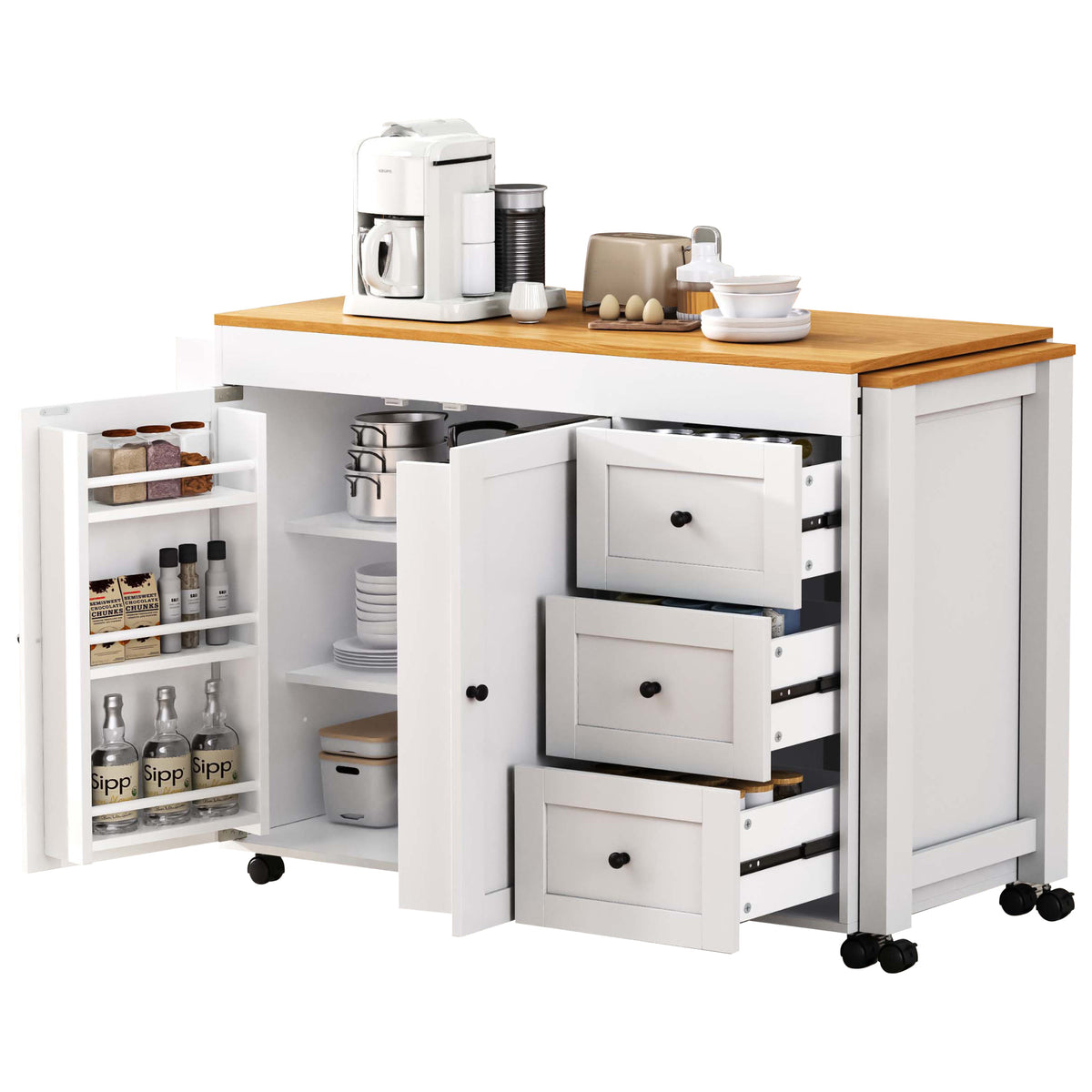 K&K 74.8" Kitchen Island with Extendable Dining Table, Kitchen Storage Cart with 3 Drawers, Power Outlet