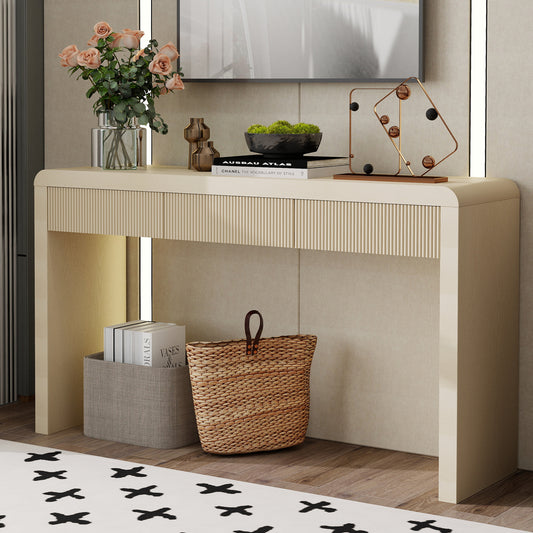 TREXM Rustic Console Table with 3 Fluted Drawers - Solid Wood Veneer Entryway Table Featuring Natural Wood Grain for Living Room, Hallway (Apricot)