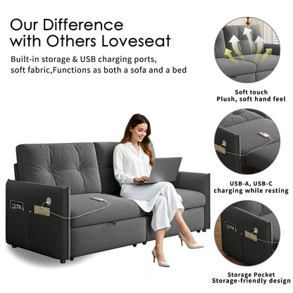 Sleeper Sofa, 69.7' Pull-Out Bed Storage Sectional, Convertible 2-in-1 Sofa Bed with Ottoman, Cozy Multi-Functional Futon for Small Spaces, Corduroy Fabric, Ideal for Living Room & Bedroom