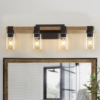 4-Light Farmhouse Vanity Light, Antique Wood Bathroom Wall Light with Clear Glass Shades, Mirror Lighting for Bedroom & Hallway, No Bulbs Included