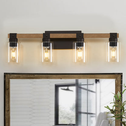 4-Light Farmhouse Vanity Light, Antique Wood Bathroom Wall Light with Clear Glass Shades, Mirror Lighting for Bedroom & Hallway, No Bulbs Included