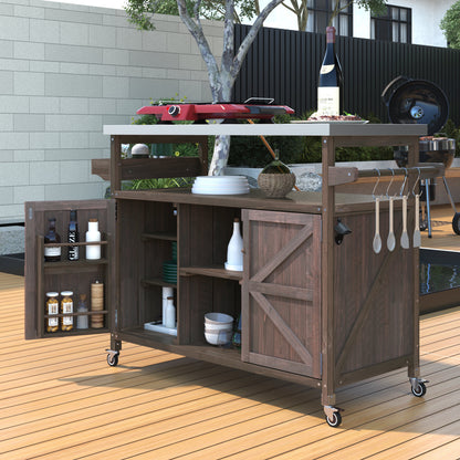 K&K Outdoor Kitchen Island, Rolling Bar Cart & Storage Cabinet, Farmhouse Solid Wood Outdoor Grill Table with Stainless Steel Top – Brown