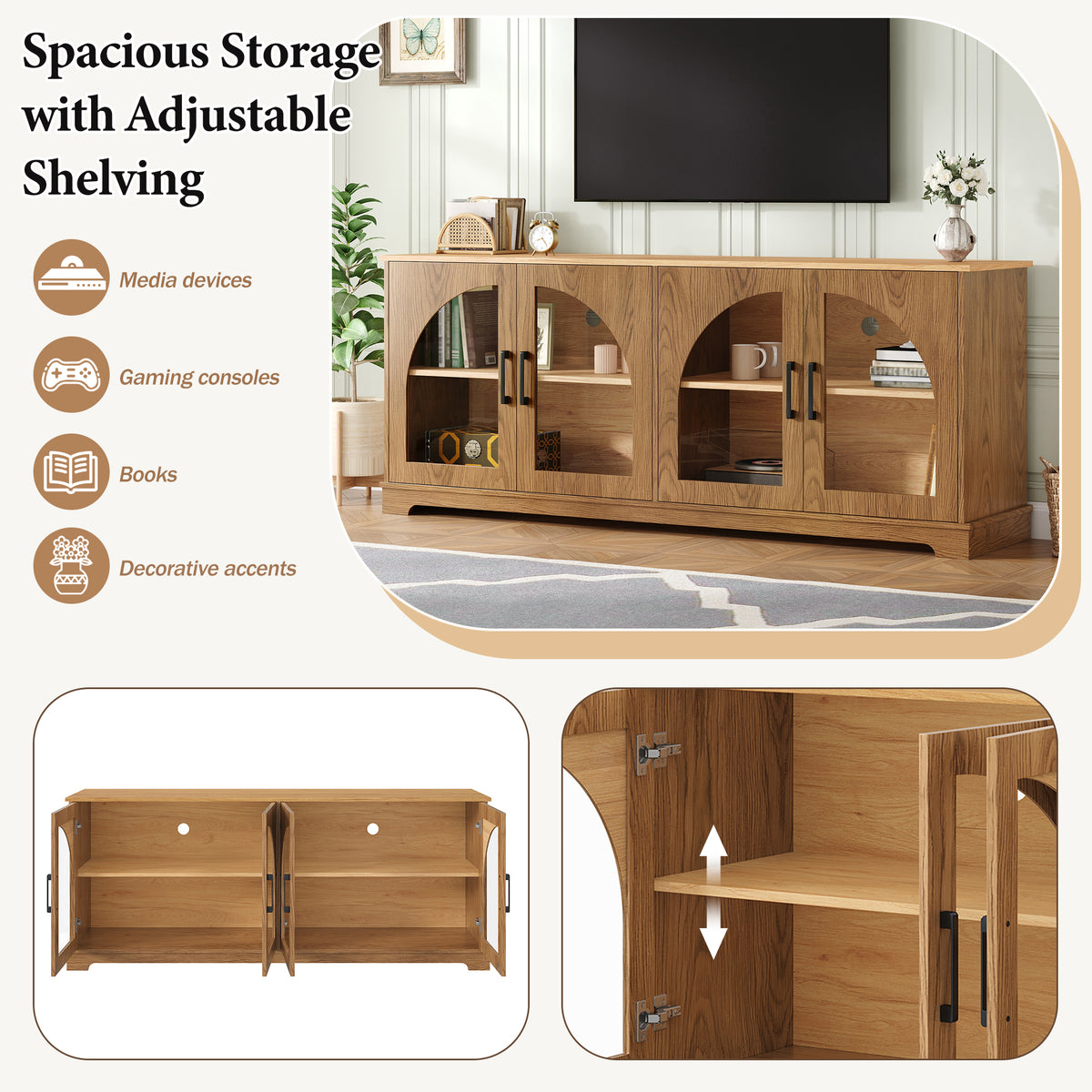 Farmhouse TV Stand with Semi-Arched Glass Doors for TVs Up to 70", Elegant Two-Tone Media Console with Adjustable Shelves, Wood Grain Sideboard with Cable Management for Living Room, Brown+Natural