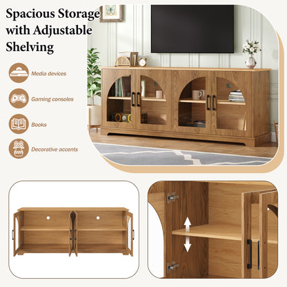 Farmhouse TV Stand with Semi-Arched Glass Doors for TVs Up to 70", Elegant Two-Tone Media Console with Adjustable Shelves, Wood Grain Sideboard with Cable Management for Living Room, Brown+Natural