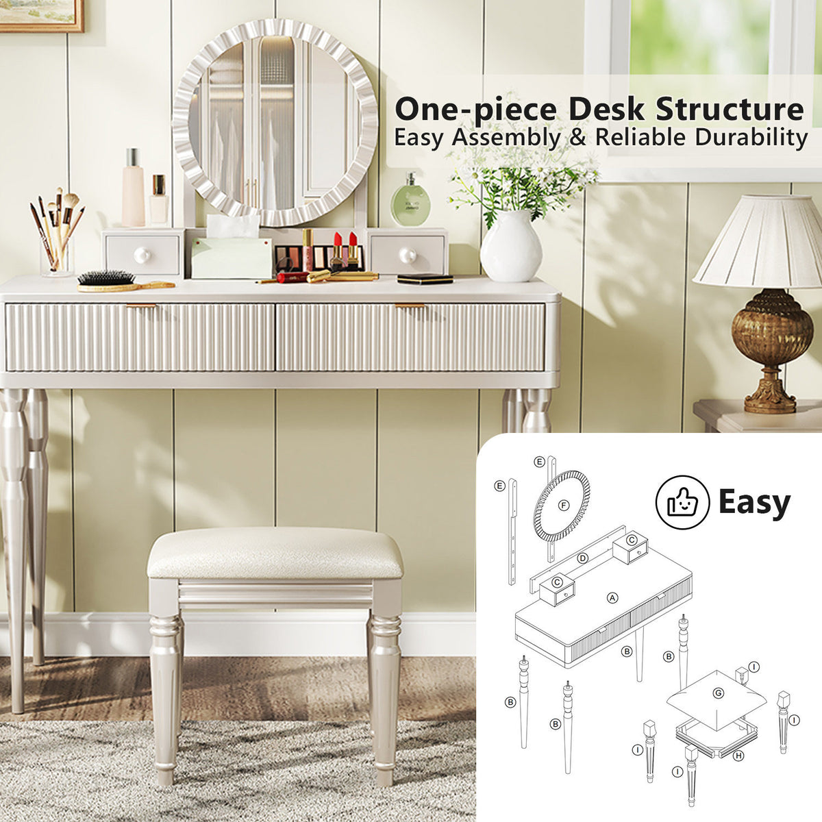 Luxury Vanity Desk with Round Mirror,Height-Adjustable, Stylish Dressing Table Set, 4 Drawers & Stool, Champagne