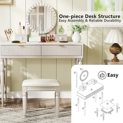 Luxury Vanity Desk with Round Mirror,Height-Adjustable, Stylish Dressing Table Set, 4 Drawers & Stool, Champagne