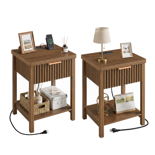 Fluted Wood Nightstand Set of 2, Walnut Bedside Table with Built-in Charging Station (2 AC, USB, Type-C), Storage Drawer & Open Shelf, Modern Side Table for Bedroom Living Room