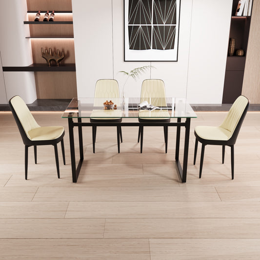 51' 4 person glass dining table set, kitchen set with black metal leg dining table and chairs, modern rectangular tempered glass tabletop and dining room thick cushioned PU dining chair