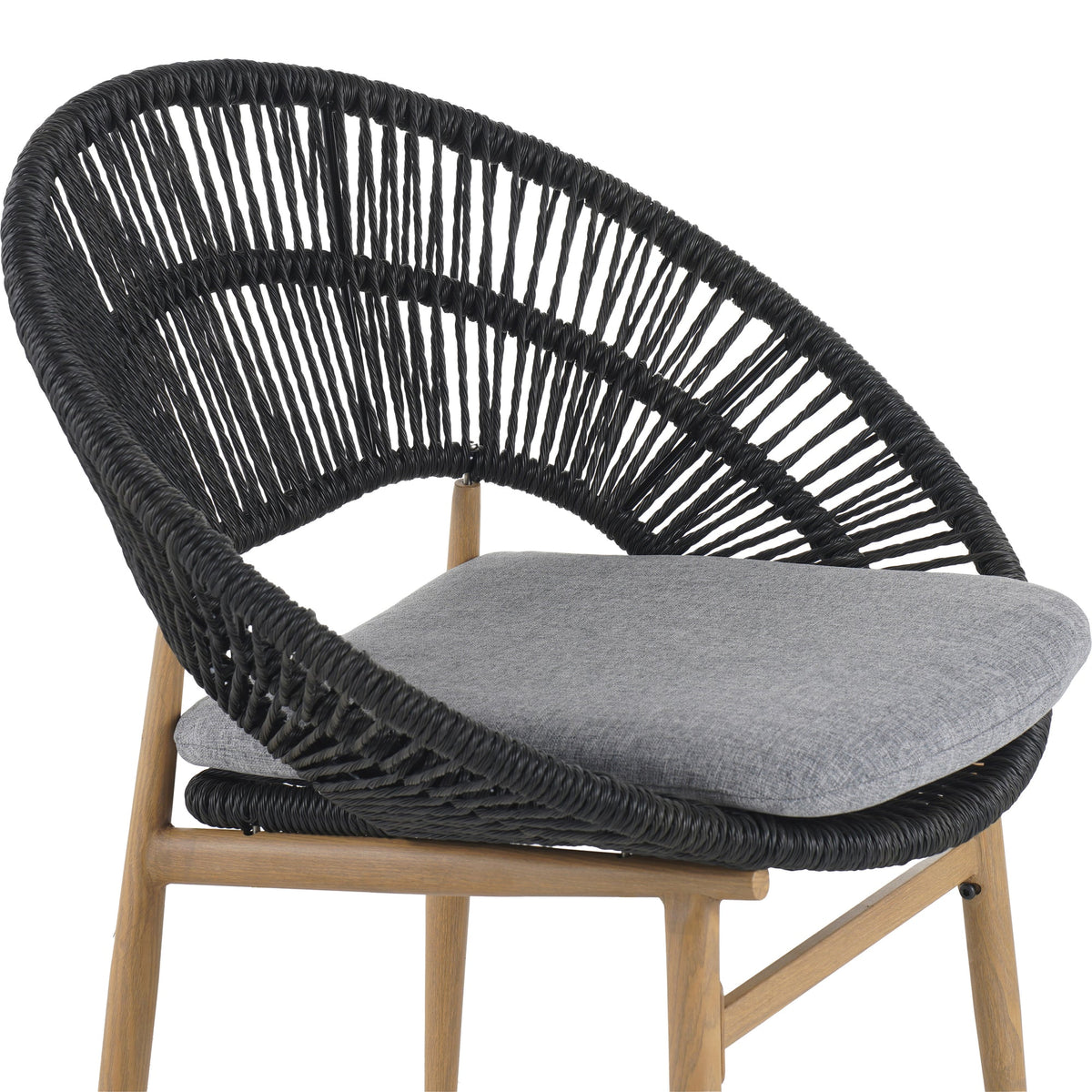 Cyril Outdoor Wicker Papasan Style Dining Chair, Teak Finished Leg and Dark Gray Faux Rattan, Gray Cushion, Set of 2