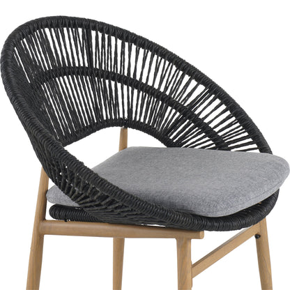Cyril Outdoor Wicker Papasan Style Dining Chair, Teak Finished Leg and Dark Gray Faux Rattan, Gray Cushion, Set of 2