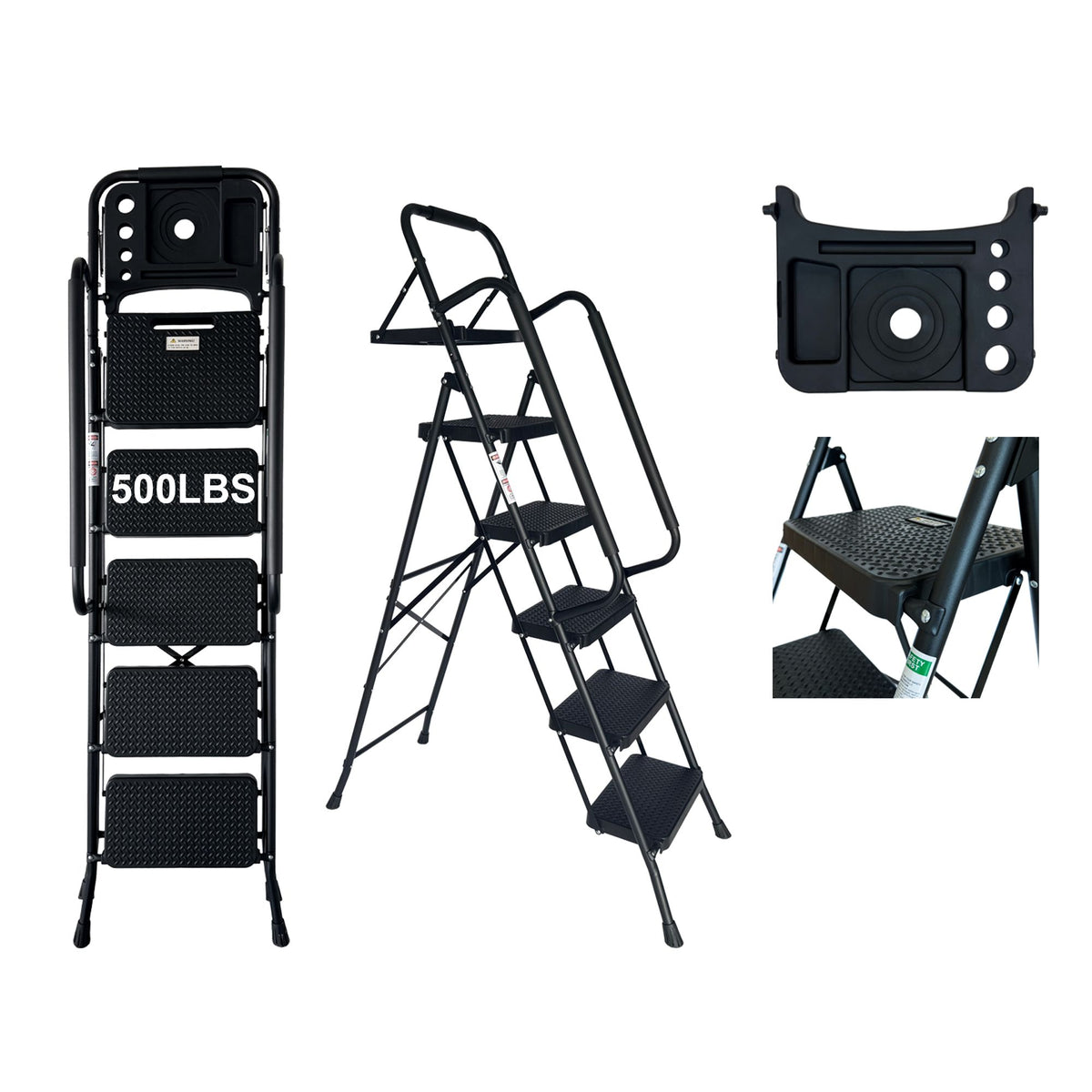 Step Ladder, Folding Step Stool with Wide Anti-Slip Pedal, Sturdy Steel Ladder, Convenient Handrail, Lightweight, Portable Steel Step Stool