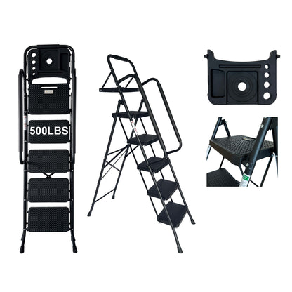 Step Ladder, Folding Step Stool with Wide Anti-Slip Pedal, Sturdy Steel Ladder, Convenient Handrail, Lightweight, Portable Steel Step Stool