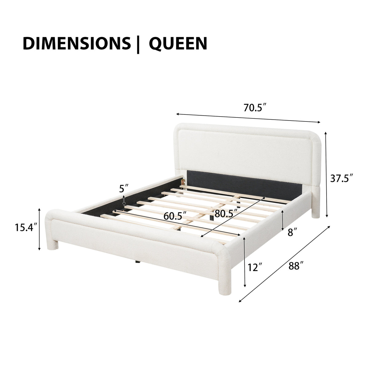 Modern White Boucle Upholstered Queen Platform Bed Frame with Curved Headboard, Wood Slats Support, No Box Spring Needed, Easy Assembly