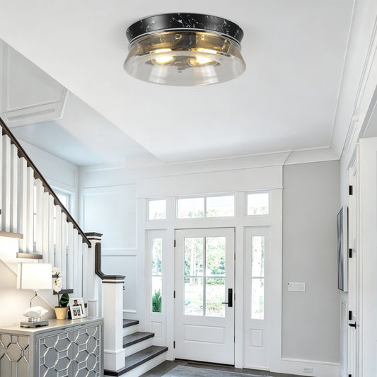 12 inch Black Marble Pattern Flush Mount Ceiling Light, Round Close to Ceiling Lamp with Clear Glass Shade, Indoor Ceiling Light Fixture for Entryway Bedroom Kitchen