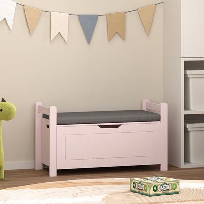 Kids Toy Box Chest for Boys Girls, Large Storage Cabinet with Cushion Seat Bench/ Flip-Top Lid/ Safety Hinge, Toy Storage Organizer Trunk for Nursery, Playroom (Pink)
