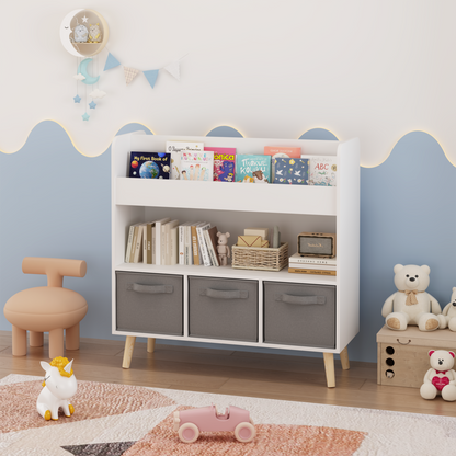 Kids Bookshelf with 3 Fabric Bins, Modern Children's Bookcase with Storage for Toys and Books, Toddler Book Organizer Shelf for Playroom, Bedroom, or Nursery, White and Gray