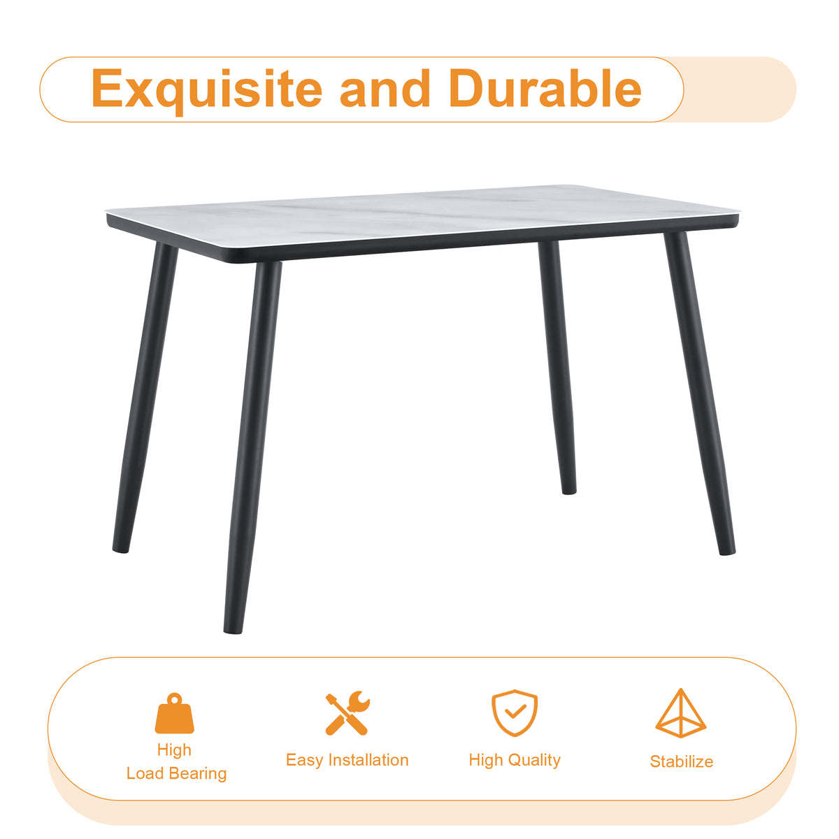 Modern minimalist rectangular dining table, suitable for 4-6 people. Tempered glass countertop+lower MDF board, imitation marble texture – Model W1151S04618