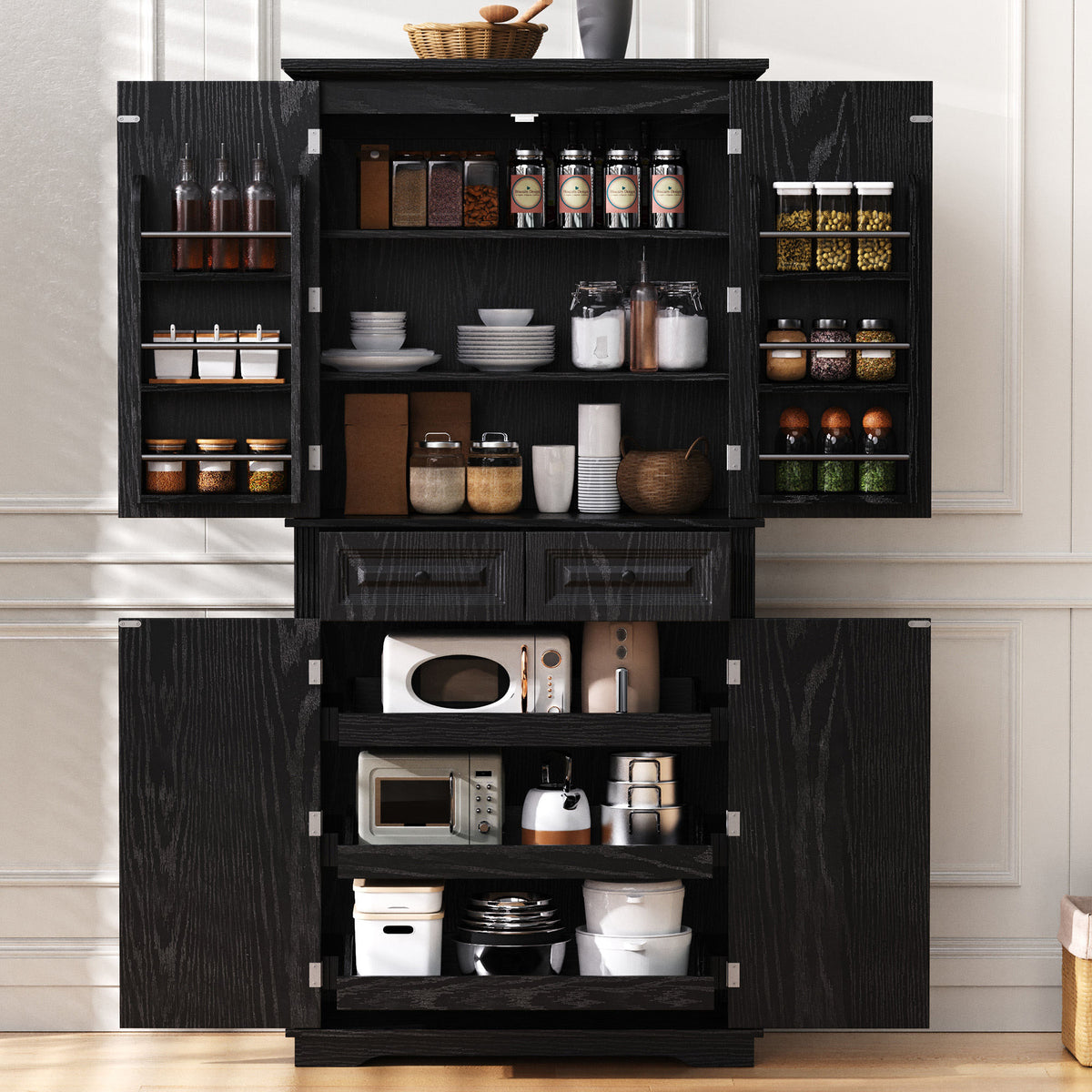 K&K 71" Tall Kitchen Pantry Cabinet with 3 Pull Out Cabinet Organizers, Farmhouse Embossed Texture Storage Cabinet with 6 Door Shelves – Black