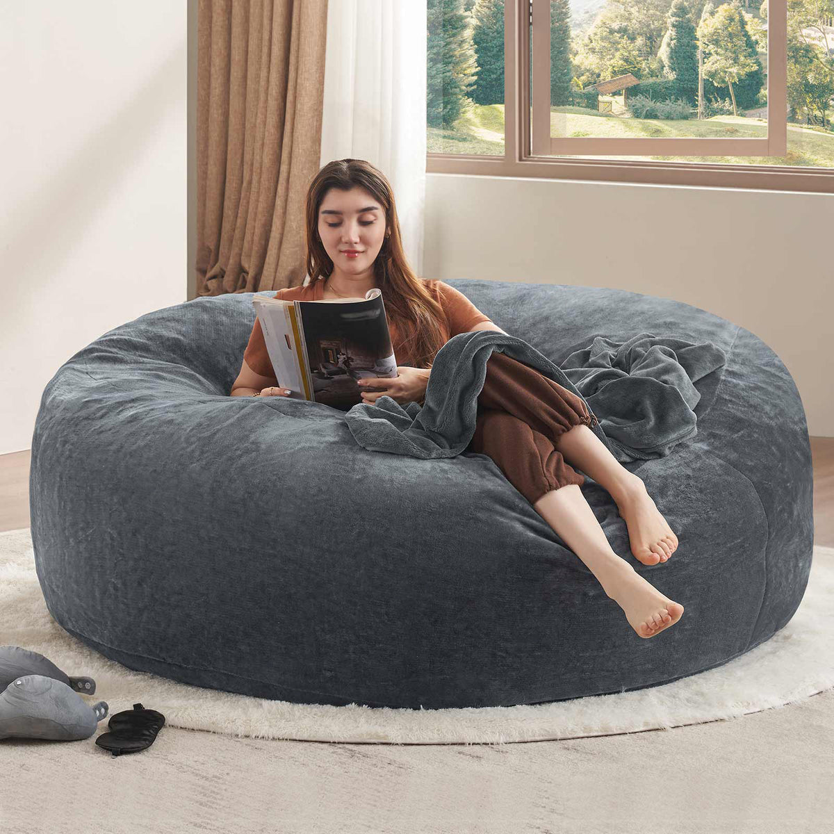 6FT bean bag chair, memory foam filling, adult and teen bean bag chair, soft sofa with velboa fabric cover, round sofa for living room, bedroom, college dorm.