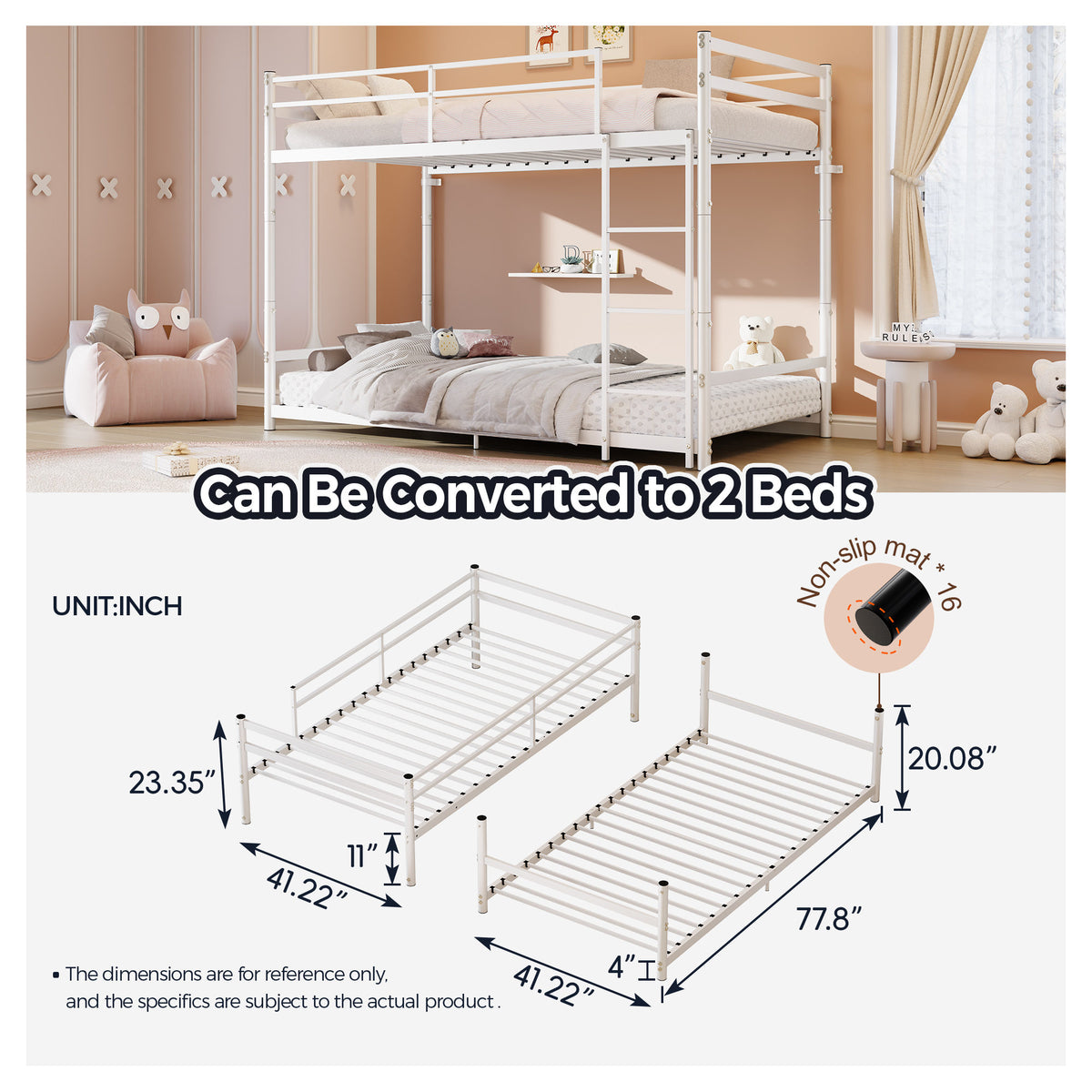Heavy Duty Metal Twin Over Twin Bunk Bed, Convertible to 2 Separated Twin Beds, Noise-Free Steel Frame with Rubber Anti-Slip Ladder & 11.3' Guardrails, 400/485 LBS Weight Capacity, White