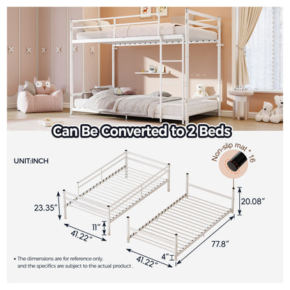 Heavy Duty Metal Twin Over Twin Bunk Bed, Convertible to 2 Separated Twin Beds, Noise-Free Steel Frame with Rubber Anti-Slip Ladder & 11.3' Guardrails, 400/485 LBS Weight Capacity, White