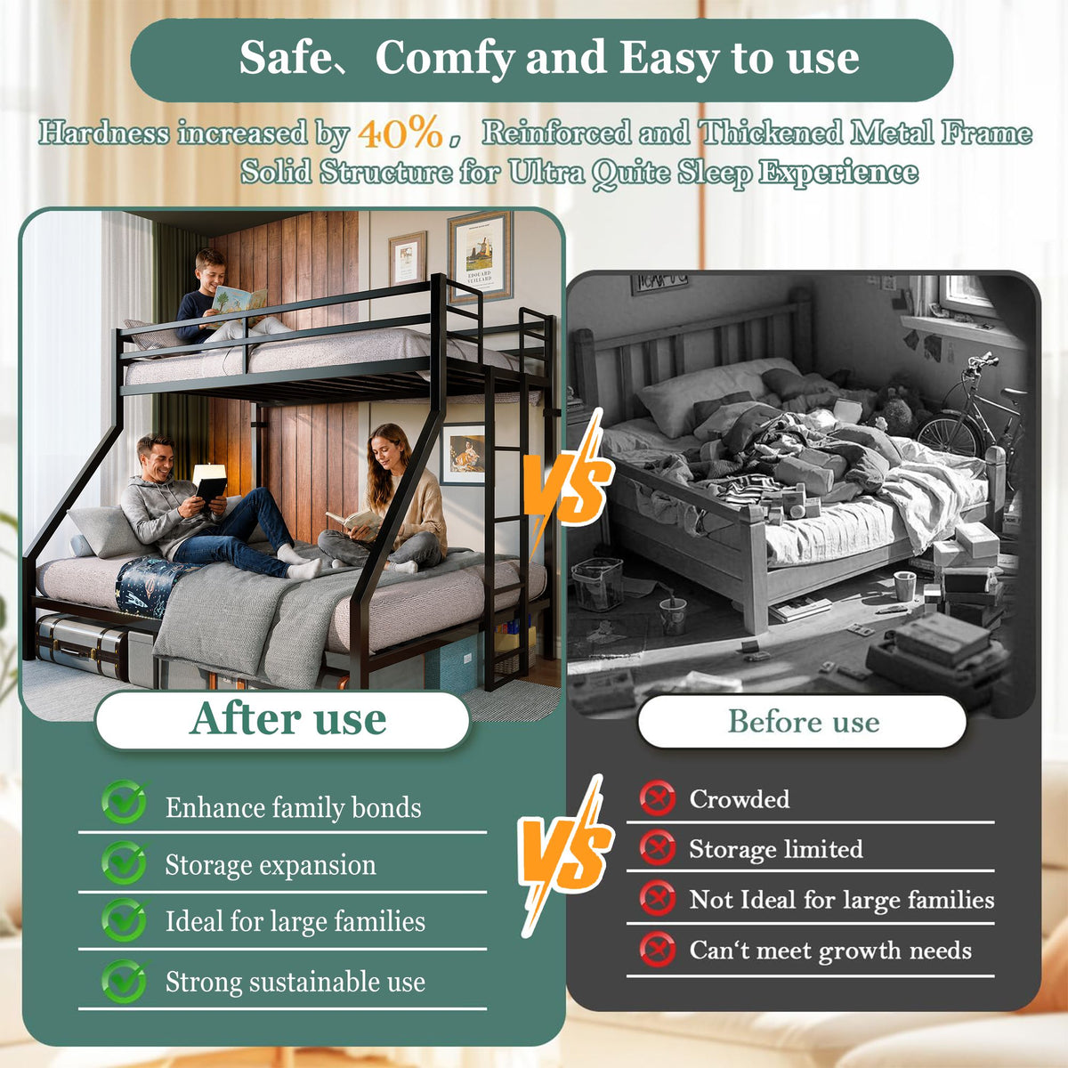 Heavy Duty Twin Over Queen Bunk Bed, Sturdy Metal Bunk Bed Frame with Flat Ladder & Full-Length Guardrail, 1000 lbs Capacity, Noise-Free, Easy Assembly, Space-Saving Industrial Bunk Beds , Black