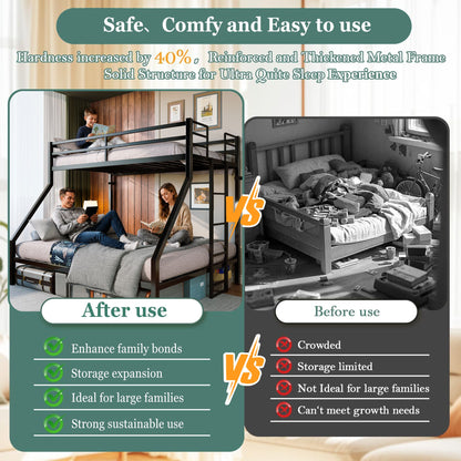 Heavy Duty Twin Over Queen Bunk Bed, Sturdy Metal Bunk Bed Frame with Flat Ladder & Full-Length Guardrail, 1000 lbs Capacity, Noise-Free, Easy Assembly, Space-Saving Industrial Bunk Beds , Black