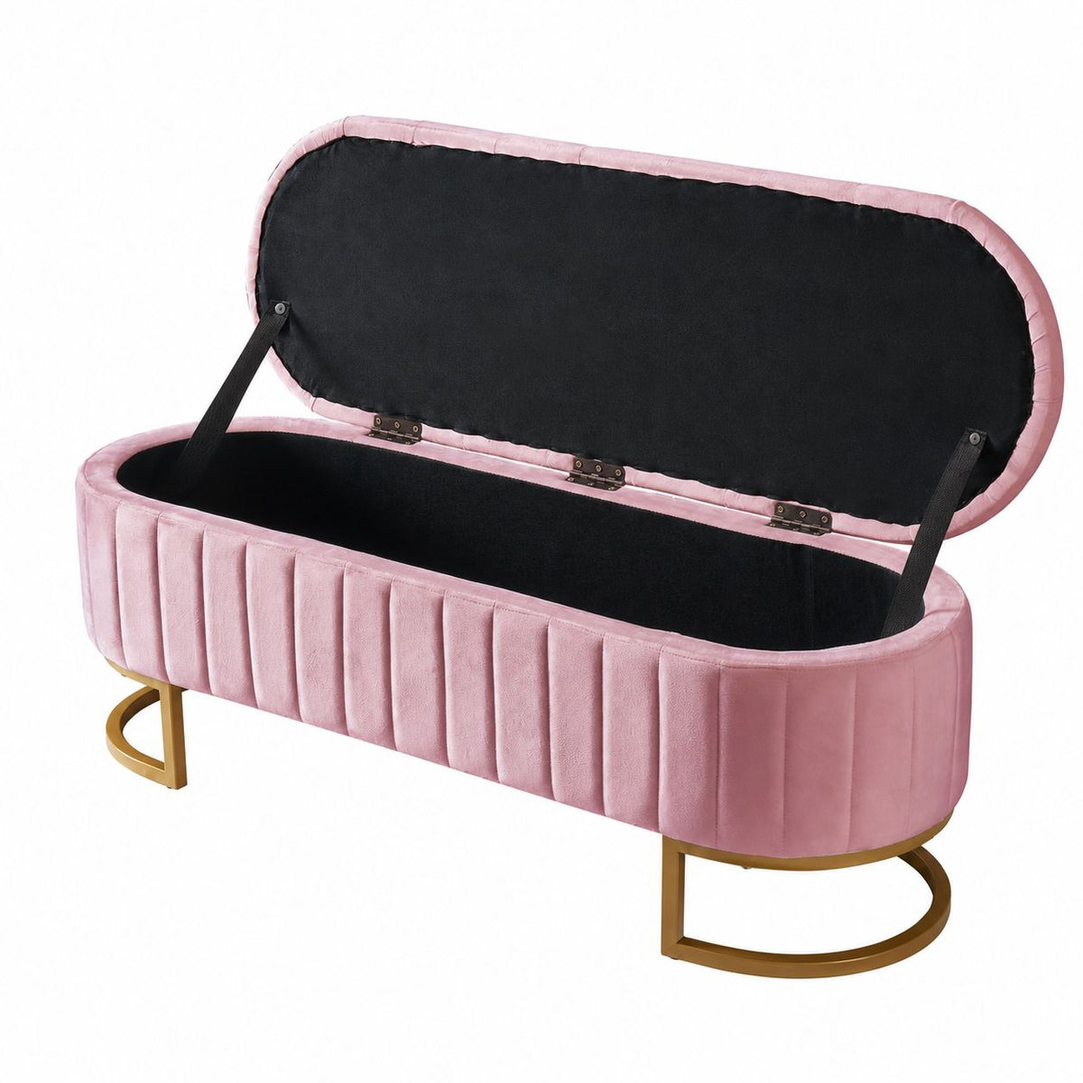 Elegant Upholstered Velvet Storage Ottoman with Button-Tufted, Storage Bench with Metal Legs, Fully Assembled Except Legs, Pink