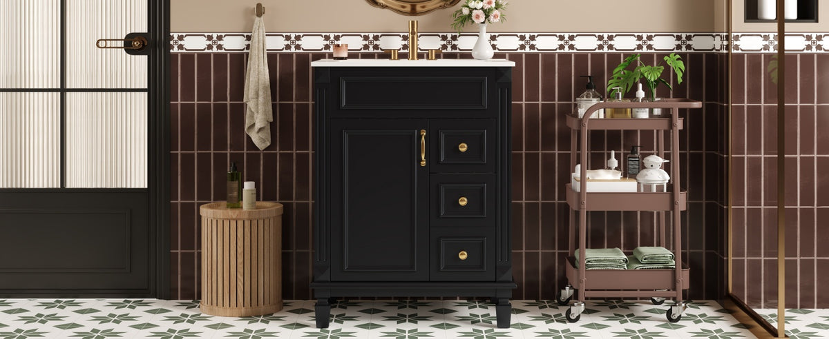 Modern Black Bathroom Vanity with Ceramic Sink, 24" Compact Cabinet with 2 Drawers and Adjustable Shelf