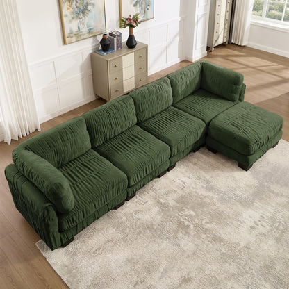4 Seat Ruched Detailing Chenille Modular Sectional Sofa,Movable Ottoman,High-Density Foam,L Shape Thickened  Back Cushions,Easy Assembly,For Living Room,Bedroom,Green