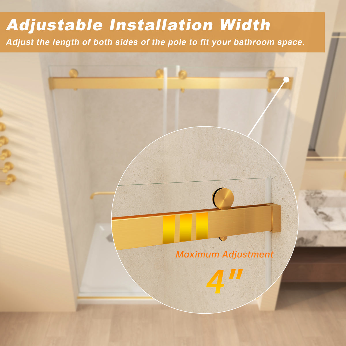 Frameless Sliding Glass Shower Doors 56-60" Width x 76"Height with 3/8"(10mm) Clear Tempered Glass, Brushed Gold