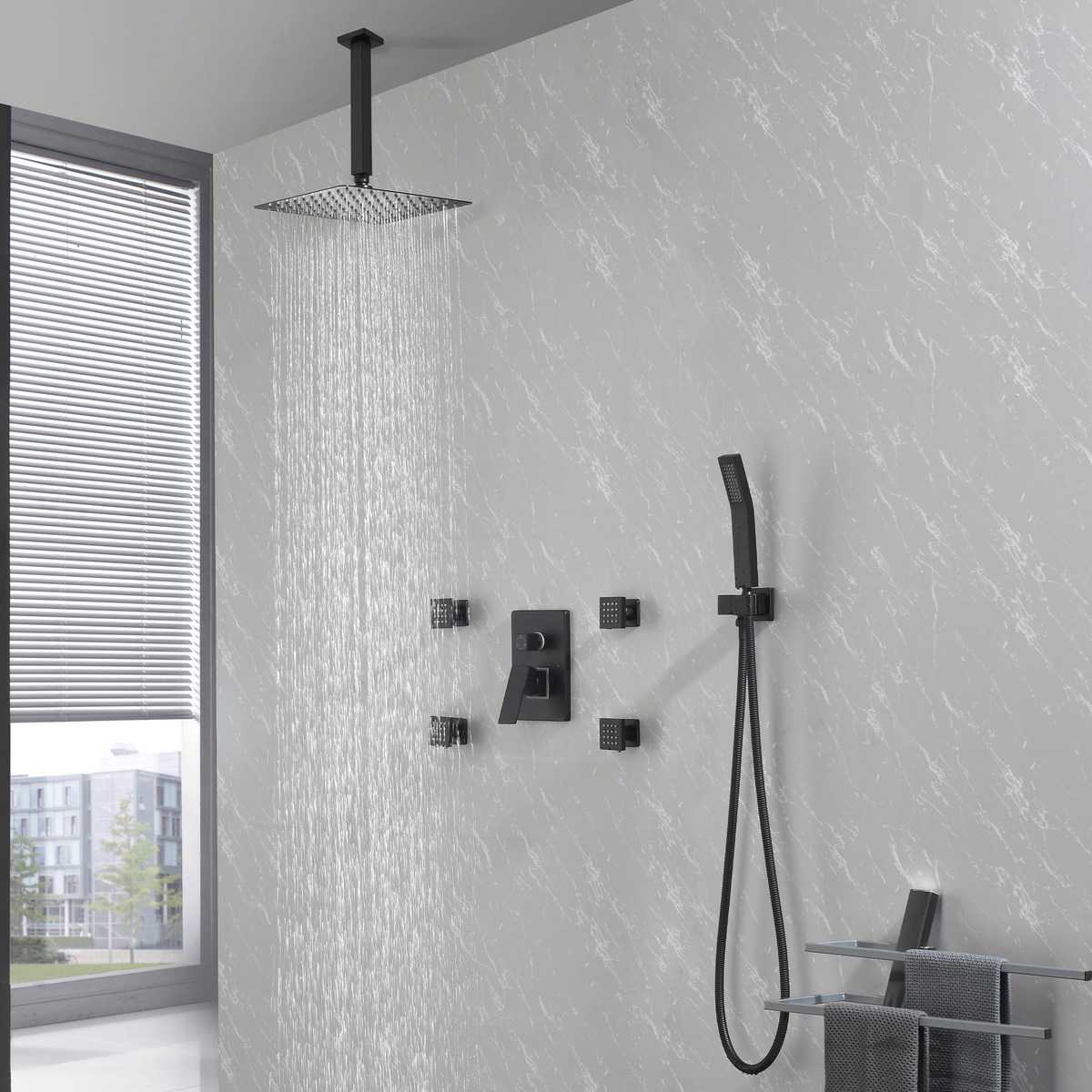 Shower System, 10-Inch Matte Black Full Body Shower System with Body Jets, Square Rainfall Shower Head, Handheld Shower, and Pressure Balance Shower Valve, Bathroom Luxury Faucet Set