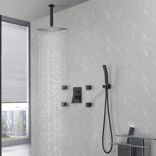 Shower System, 10-Inch Matte Black Full Body Shower System with Body Jets, Square Rainfall Shower Head, Handheld Shower, and Pressure Balance Shower Valve, Bathroom Luxury Faucet Set