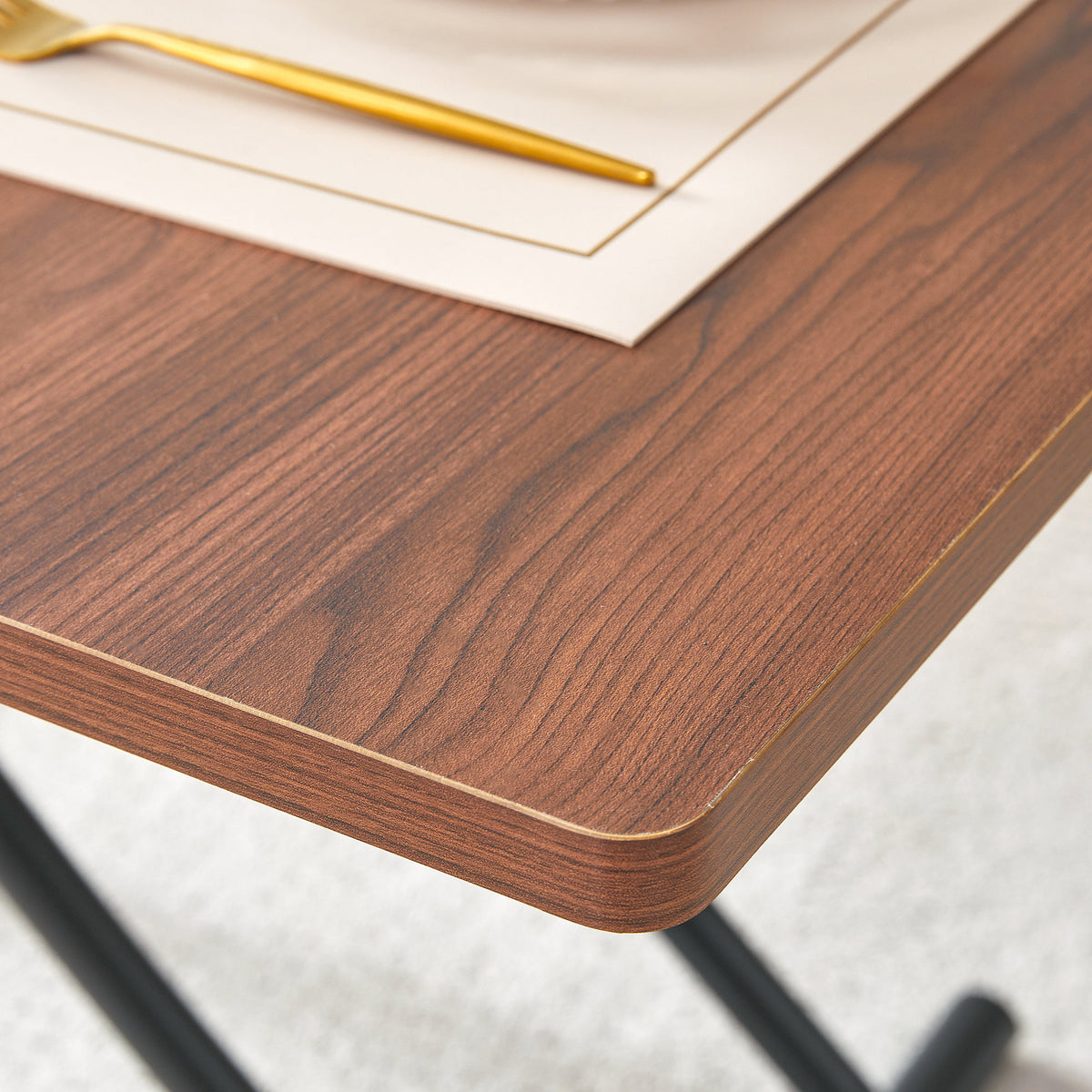 Modern minimalist multifunctional lift table with 0.8 inch thick MDF desktop and black metal legs, can be used as a dressing table, coffee table, dining table, and office table.Walnut textured desktop