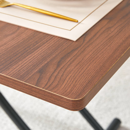 Modern minimalist multifunctional lift table with 0.8 inch thick MDF desktop and black metal legs, can be used as a dressing table, coffee table, dining table, and office table.Walnut textured desktop