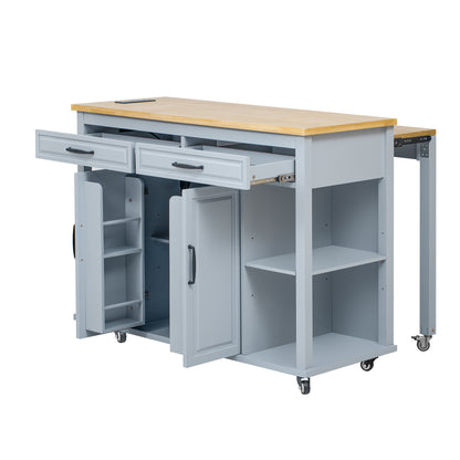 K&K 47 inch Kitchen Island with Extendable Dining Table, Rubber Wood Veneer Kitchen Table with Internal Storage Rack, Power Outlet
