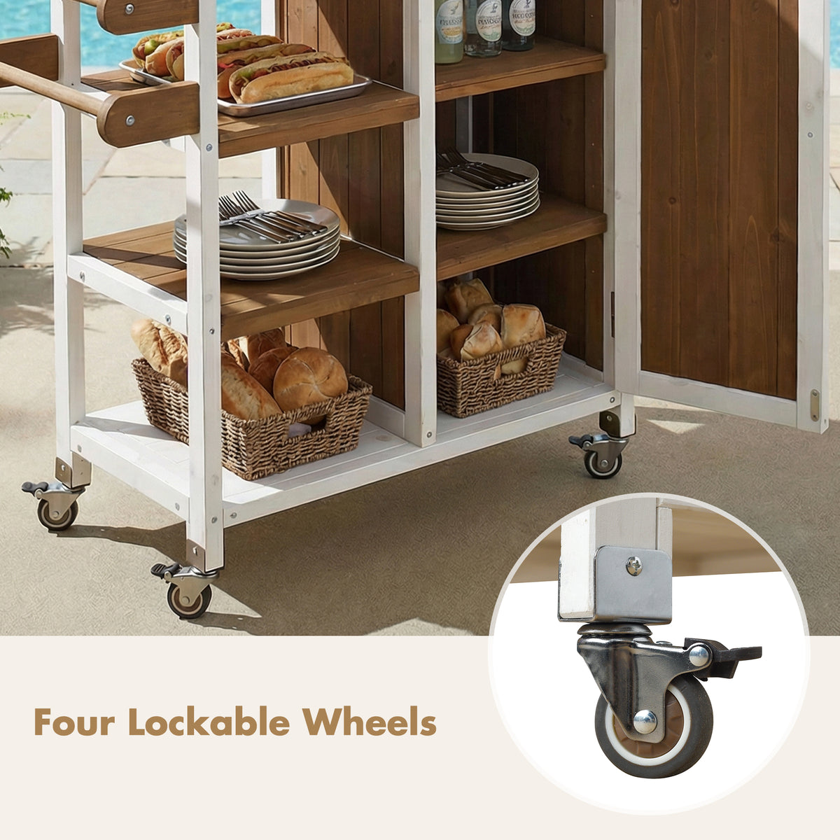 Foldable Outdoor Kitchen Island with Stainless Steel Worktop and Wood Frame, White+Brown, Portable Prep Station