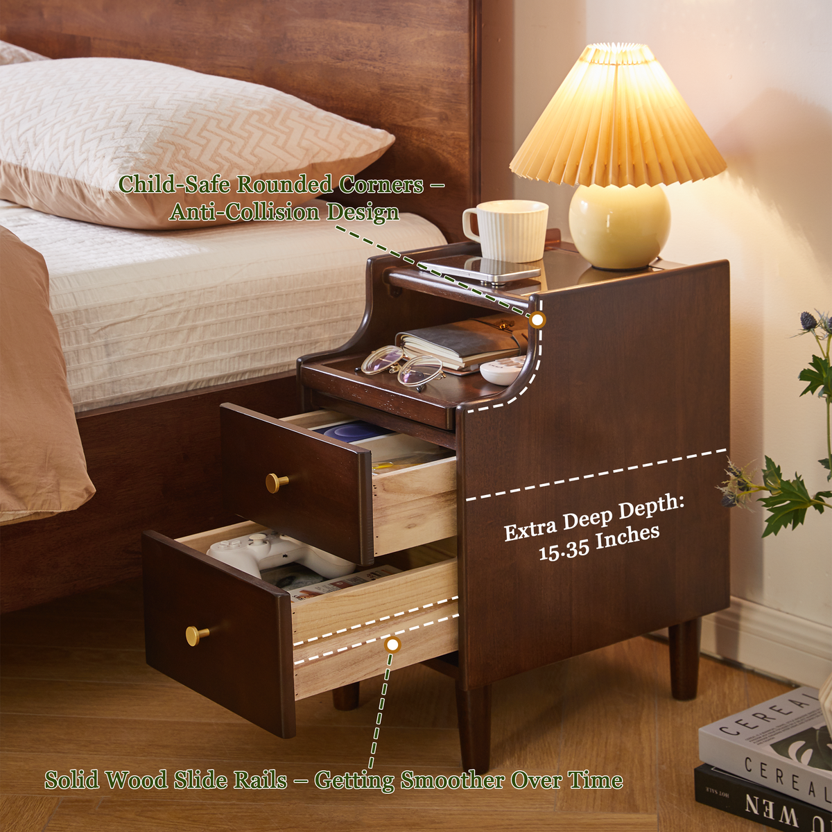 Solid Wood Nightstand with Two Drawers and Pull-out Panel Storage Bedside Table and Sofa Side Table