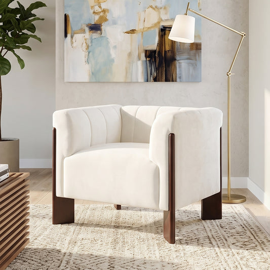 Modern Accent Chair Chenille Armchair Single Sofa Chair with Tight Back, Round Arms, Vertical Channel Tufted Back and Walnut Rubber Wood Legs for Living Room, Bedroom or Reading Corner, Beige