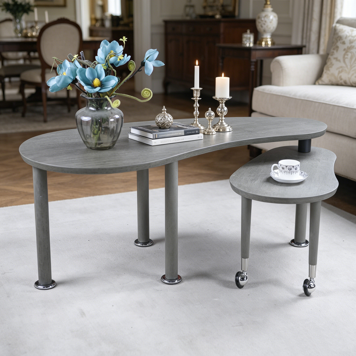 Contemporary rotatable cocktail table with solid rubber wood legs, 360 degree rotating coffee table with wood grain veneer tabletop grey brown / walnut / black finish for living room, bedroom