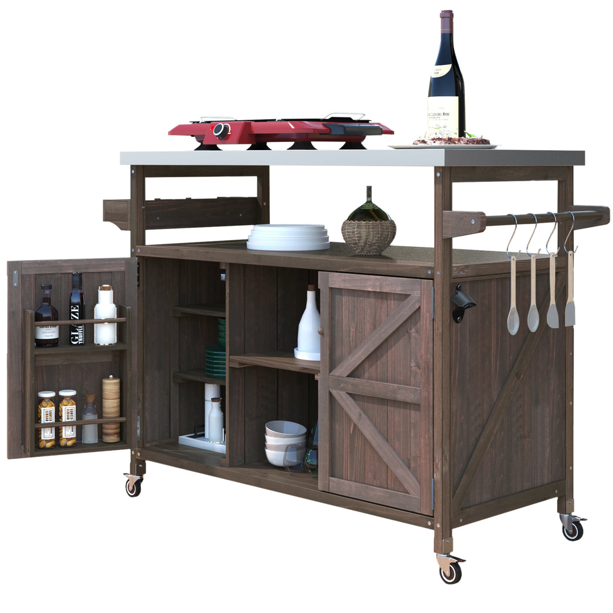 K&K Outdoor Kitchen Island, Rolling Bar Cart & Storage Cabinet, Farmhouse Solid Wood Outdoor Grill Table with Stainless Steel Top – Brown