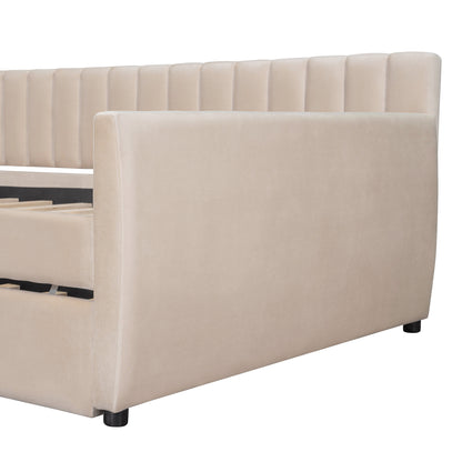 Full Size Upholstered daybed with Trundle and Wood Slat Support, Beige(Old SKU:LP000121AAA)